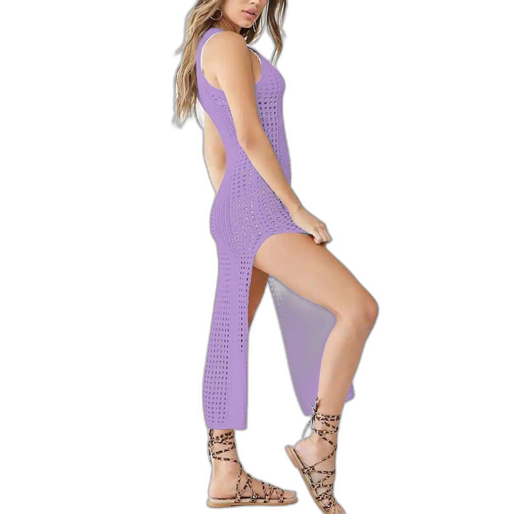 Women’s Crochet Hollow Out Swimwear Cover Up Long Beach Dress Purple One Size